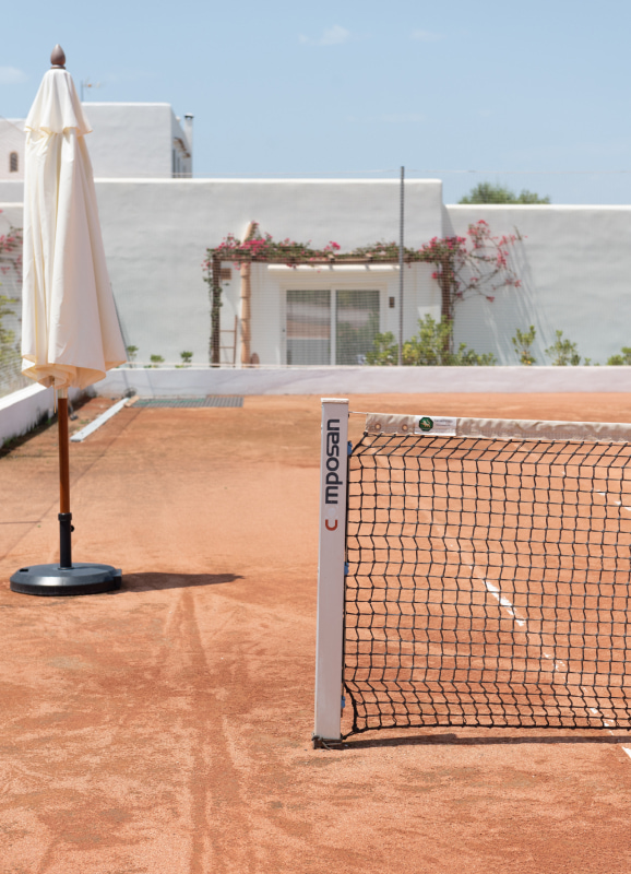 Partial view of clay tennis court